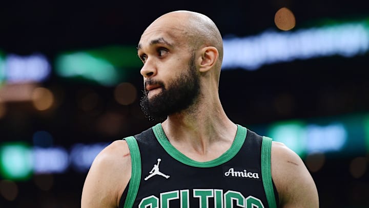 May 14, 2025; Boston, Massachusetts, USA; Boston Celtics guard Derrick White (9) in the first half during game five of the second round for the 2025 NBA Playoffs against the New York Knicks at TD Garden. Mandatory Credit: Bob DeChiara-Imagn Images