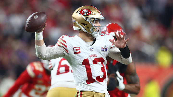 Feb 11, 2024; Paradise, Nevada, USA; San Francisco 49ers quarterback Brock Purdy (13) throws a pass against the Kansas City Chiefs in the second half in Super Bowl LVIII at Allegiant Stadium. Mandatory Credit: Mark J. Rebilas-Imagn Images