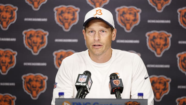 Jul 24, 2025; Lake Forest, IL, USA; Chicago Bears head coach Ben Johnson speaks during training camp at Halas Hall. 