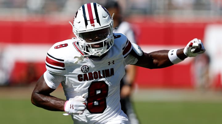 Oct 12, 2024; Tuscaloosa, Alabama, USA;  South Carolina Gamecocks wide receiver Nyck Harbor (8) during the second half at Bryant-Denny Stadium. Mandatory Credit: Butch Dill-Imagn Images