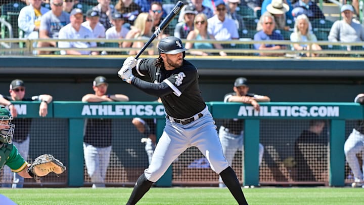Mar 24, 2023; Mesa, Arizona, USA;  Chicago White Sox left fielder Jake Marisnick (41) at bat during a spring training game.