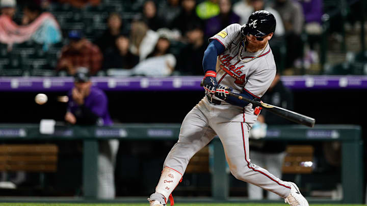 Apr 28, 2025; Denver, Colorado, USA; Atlanta Braves left fielder Alex Verdugo (8) hits a single in the eighth inning against the Colorado Rockies at Coors Field. Mandatory Credit: Isaiah J. Downing-Imagn Images Apr 28, 2025; Denver, Colorado, USA; Atlanta Braves left fielder Alex Verdugo (8) hits a single in the eighth inning against the Colorado Rockies at Coors Field. Mandatory Credit: Isaiah J. Downing-Imagn Images