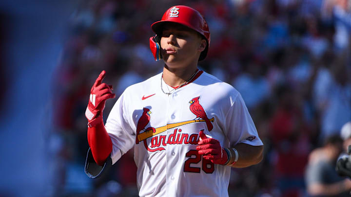 Mar 26, 2026; St. Louis, Missouri, USA; St. Louis Cardinals second baseman JJ Wetherholt (26) reacts after hitting a solo home run for his first major league hit during his major league debut in the third inning against the Tampa Bay Rays at Busch Stadium. Mandatory Credit: Jeff Curry-Imagn Images