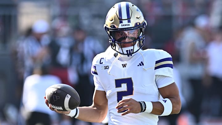 Sep 20, 2025; Pullman, Washington, USA; Washington Huskies quarterback Demond Williams Jr. (2) warms up before Apple Cup game against the Washington State Cougarsat Gesa Field at Martin Stadium. Mandatory Credit: James Snook-Imagn Images