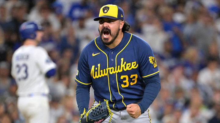 Oct 15, 2026; Los Angeles, California, USA; Milwaukee Brewers pitcher JoJo Romero (33) reacts during the sixth inning against the Los Angeles Dodgers in game four of the NLCS for the 2026 MLB Playoffs at Uniqlo Field at Dodger Stadium. Mandatory Credit: Jayne Kamin-Oncea-Imagn Images TPX IMAGES OF THE DAY Oct 15, 2026; Los Angeles, California, USA; Milwaukee Brewers pitcher JoJo Romero (33) reacts during the sixth inning against the Los Angeles Dodgers in game four of the NLCS for the 2026 MLB Playoffs at Uniqlo Field at Dodger Stadium. Mandatory Credit: Jayne Kamin-Oncea-Imagn Images TPX IMAGES OF THE DAY