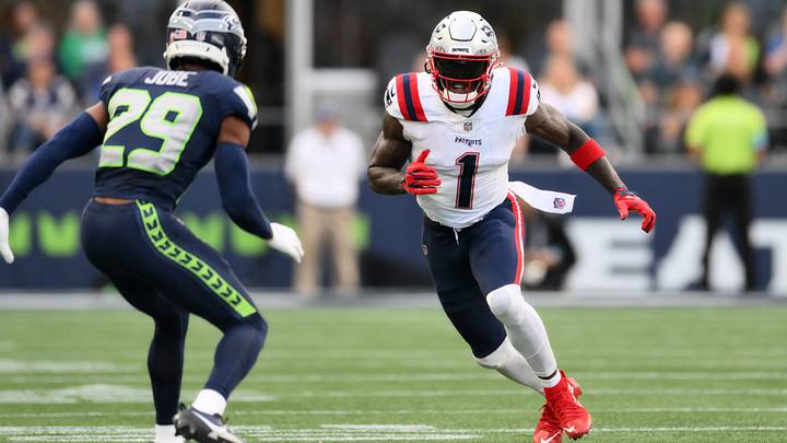 Sep 9, 2026; Seattle, Washington, USA;  aNew England Patriots wide receiver A.J. Brown (1) runs a route against Seattle Seahawks cornerback Josh Jobe (29) during the second quarter at Lumen Field.  Mandatory Credit: Steven Bisig-Imagn Images