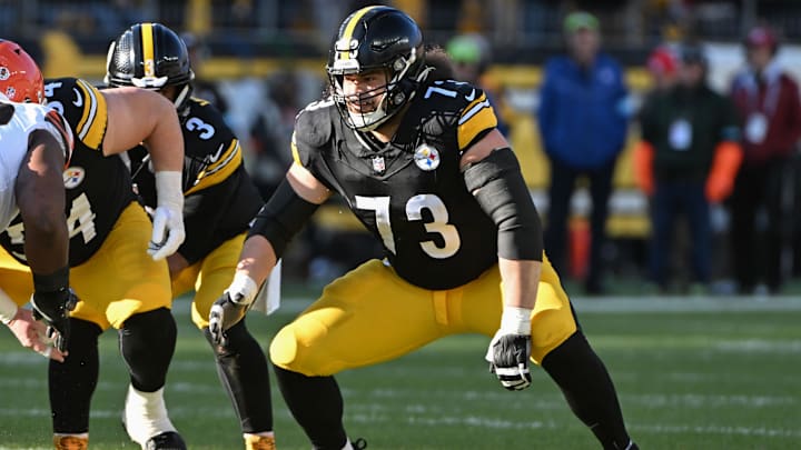 Dec 8, 2024; Pittsburgh, Pennsylvania, USA; Pittsburgh Steelers guard Isaac Seumalo (73) against the Cleveland Browns during the first quarter at Acrisure Stadium. Mandatory Credit: Barry Reeger-Imagn Images