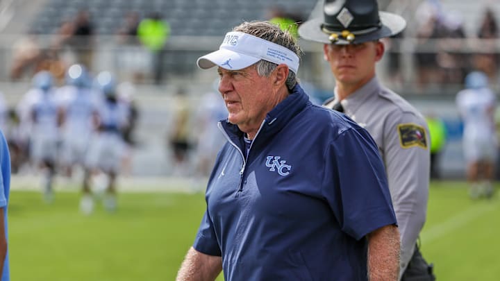 Sep 20, 2025; Orlando, Florida, USA; North Carolina Tar Heels head coach Bill Belichick walks into the field before the game against the UCF Knights at the Bounce House Stadium. Mandatory Credit: Mike Watters-Imagn Images