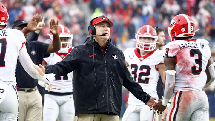 Nov 9, 2024; Oxford, Mississippi, USA; Georgia Bulldogs head coach Kirby Smart reacts after a touchdown during the first half against the Mississippi Rebels at Vaught-Hemingway Stadium. Mandatory Credit: Petre Thomas-Imagn Images