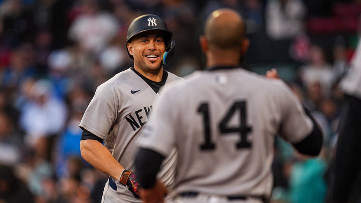 Apr 21, 2026; Boston, Massachusetts, USA; New York Yankees designated hitter Giancarlo Stanton (27) reacts after hitting a home run against the Boston Red Sox in the second inning at Fenway Park. Mandatory Credit: David Butler II-Imagn Images Apr 21, 2026; Boston, Massachusetts, USA; New York Yankees designated hitter Giancarlo Stanton (27) reacts after hitting a home run against the Boston Red Sox in the second inning at Fenway Park. Mandatory Credit: David Butler II-Imagn Images