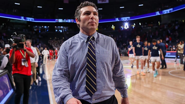Georgia Tech Yellow Jackets head coach Josh Pastner after a victory against the Louisville Cardinals at McCamish Pavilion. Mandatory Credit: Brett Davis-Imagn Images