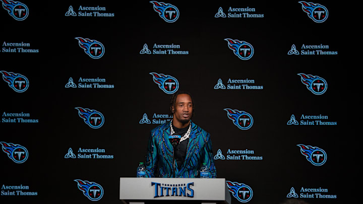 Newly acquired cornerback for the Tennessee Titans L'Jarius Sneed fields questions at his press conference at Ascension Saint Thomas Sports Park Tuesday morning, April 2, 2024.