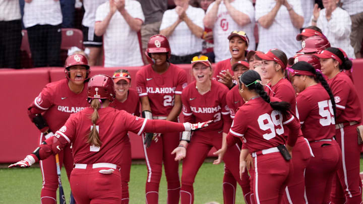 Oklahoma's Kendall Wells (1) celebrates a home run during the college softball game between the Oklahoma Sooners and the Georgia Bulldogs at Love's Field in Norman, Okla., Saturday, April, 25, 2026.