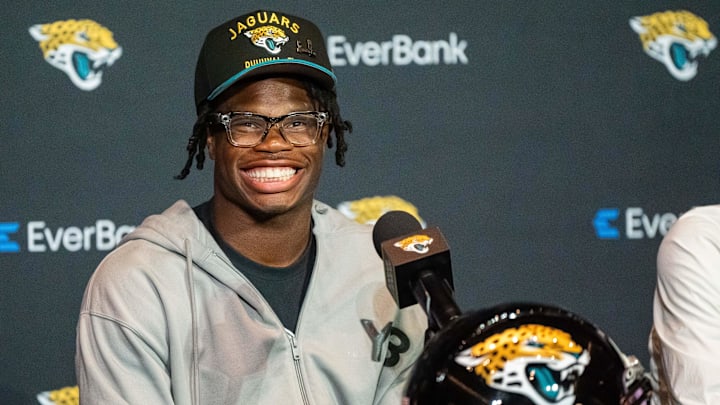 The Jacksonville Jaguars’ first-round pick, Colorado Buffaloes wide receiver and defensive back Travis Hunter, flashes his wide smile during a press conference Friday, March 25, 2025 at Miller Electric Center in Jacksonville, Fla. 