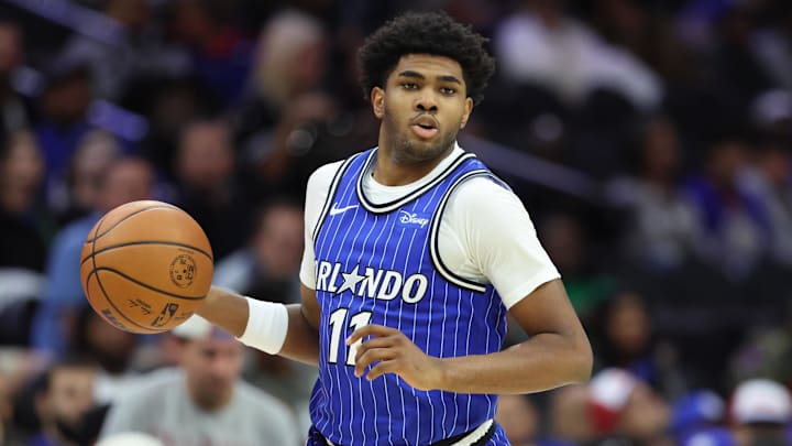 Oct 10, 2025; Philadelphia, Pennsylvania, USA; Orlando Magic guard Jase Richardson (11) dribbles the ball against the Philadelphia 76ers during the third quarter at Xfinity Mobile Arena. Mandatory Credit: Bill Streicher-Imagn Images