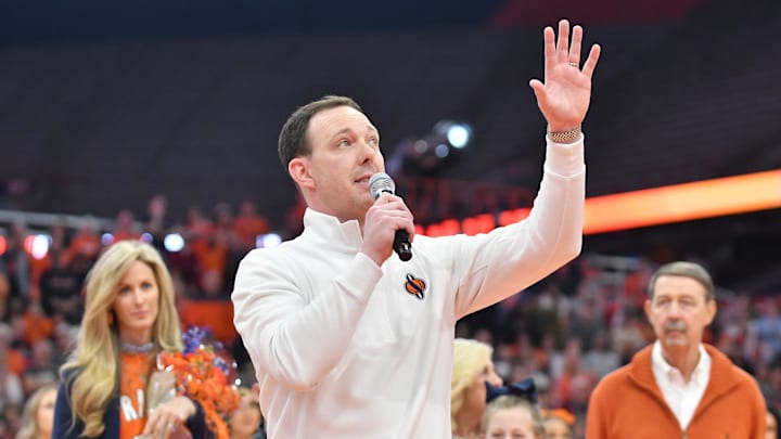 Mar 4, 2023; Syracuse, New York, USA; Syracuse Orange  former player Gerry McNamara speaks to the crowd during a ceremony to retire his number at JMA Wireless Dome. Mandatory Credit: Mark Konezny-Imagn Images