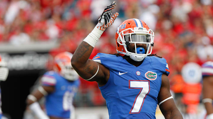 Nov 2, 2013; Jacksonville, FL, USA; Florida Gators linebacker Ronald Powell (7) gets the crowd