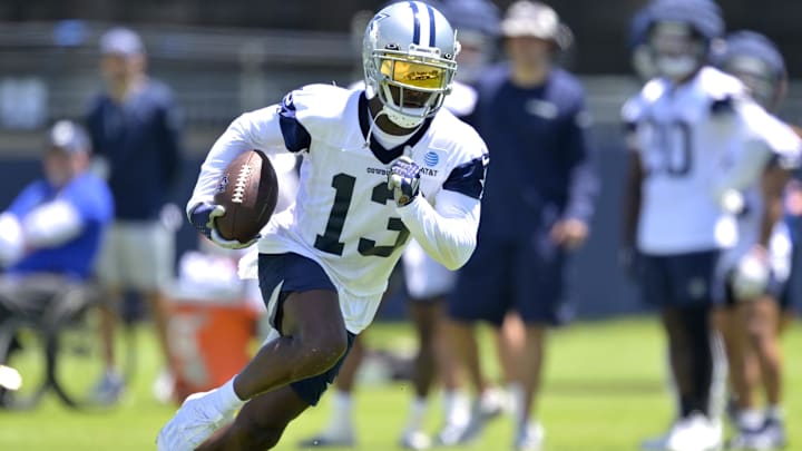 Jul 26, 2023; Oxnard, CA, USA; Dallas Cowboys wide receiver Michael Gallup (13) carries the ball