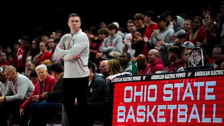 Ohio State Buckeyes head coach Jake Diebler looks at the Western Michigan Broncos bench in the first half of the NCAA basketball game at Value City Arena on Thursday, Nov. 20, 2025 in Columbus, Ohio.