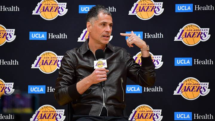 Feb 4, 2025; El Segundo, CA, USA; Los Angeles Lakers vice president of basketball operations and general manager Rob Pelinka introduced guard Luka Doncic at UCLA Health Training Center. Mandatory Credit: Gary A. Vasquez-Imagn Images