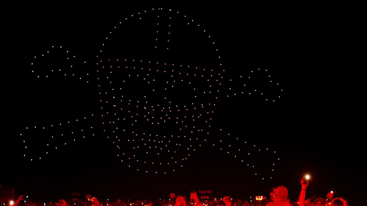 Sep 20, 2024; Lincoln, Nebraska, USA; Drones form the blackshirts logo during a light show before the fourth quarter between the Nebraska Cornhuskers and the Illinois Fighting Illini at Memorial Stadium. Sep 20, 2024; Lincoln, Nebraska, USA; Drones form the blackshirts logo during a light show before the fourth quarter between the Nebraska Cornhuskers and the Illinois Fighting Illini at Memorial Stadium.