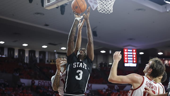Feb 22, 2025; Norman, Oklahoma, USA; Mississippi State Bulldogs forward KeShawn Murphy (3) goes up for a basket agaisnt the Oklahoma Sooners during the first half at Lloyd Noble Center. Mandatory Credit: Alonzo Adams-Imagn Images
