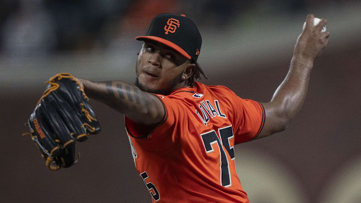 Sep 13, 2024; San Francisco, California, USA;  San Francisco Giants pitcher Camilo Doval (75) pitches during the eighth inning against the San Diego Padres at Oracle Park.