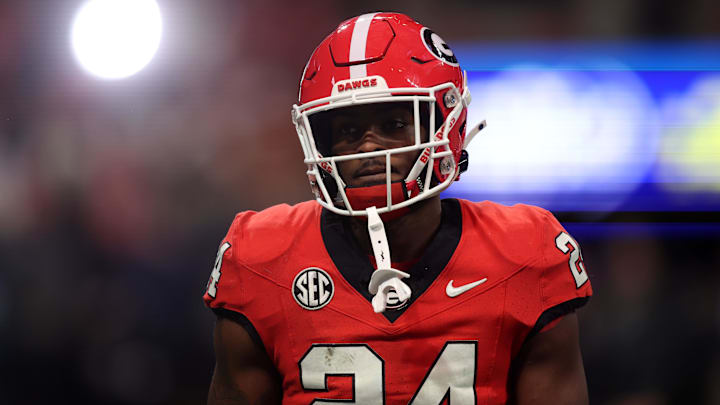Dec 7, 2024; Atlanta, GA, USA; Georgia Bulldogs defensive back Malaki Starks (24) practices before the 2024 SEC Championship game at Mercedes-Benz Stadium. Mandatory Credit: Brett Davis-Imagn Images