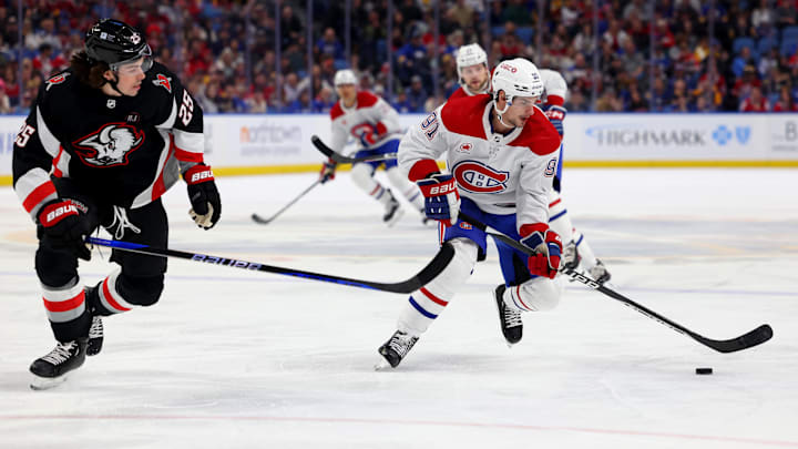Dec 9, 2023; Buffalo, New York, USA;  Montreal Canadiens center Sean Monahan (91) carries the puck