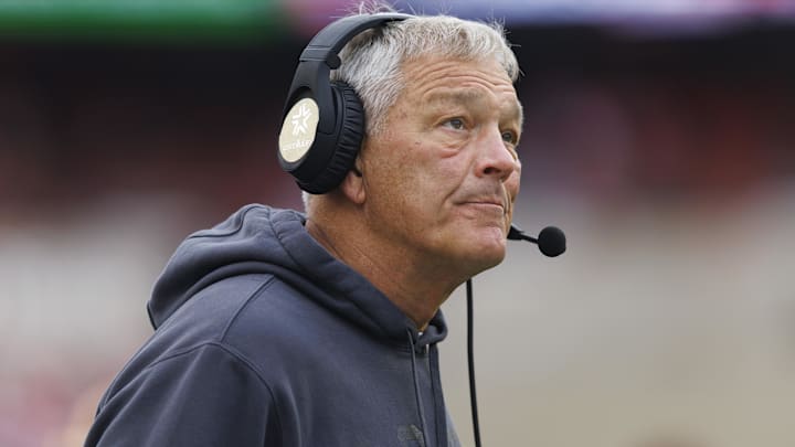 Oct 14, 2023; Madison, Wisconsin, USA;  Iowa Hawkeyes head coach Kirk Ferentz looks on during the second quarter against the Wisconsin Badgers at Camp Randall Stadium. Mandatory Credit: Jeff Hanisch-Imagn Images