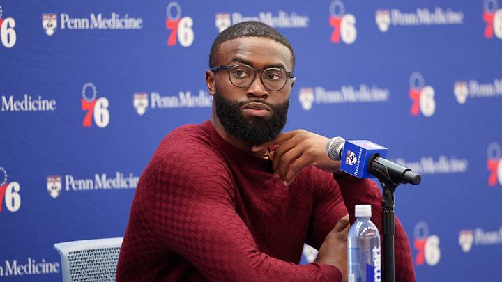 Philadelphia 76ers guard Jaylen Brown speaks with the media during his introductory press conference at the Francis J. Myers Recreation Center on Aug. 6, 2026. Philadelphia 76ers guard Jaylen Brown speaks with the media during his introductory press conference at the Francis J. Myers Recreation Center on Aug. 6, 2026.