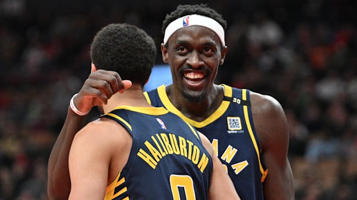 Indiana Pacers guard Tyrese Haliburton (0) and forward Pascal Siakam (43).