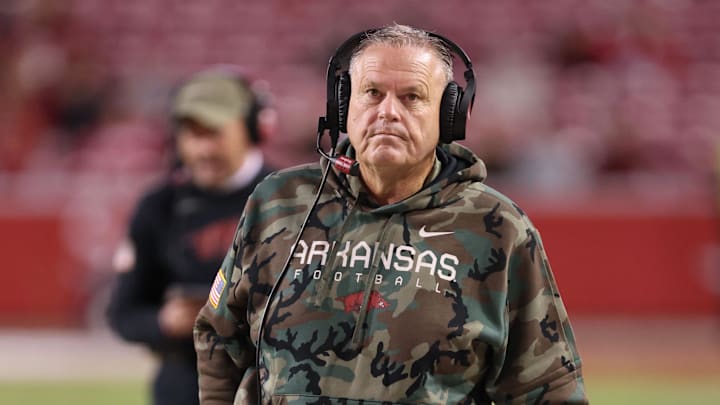 Nov 23, 2024; Fayetteville, Arkansas, USA; Arkansas Razorbacks head coach Sam Pittman during the fourth quarter against the Louisiana Tech Bulldogs at Donald W. Reynolds Razorback Stadium. Arkansas won 35-14. Mandatory Credit: Nelson Chenault-Imagn Images
