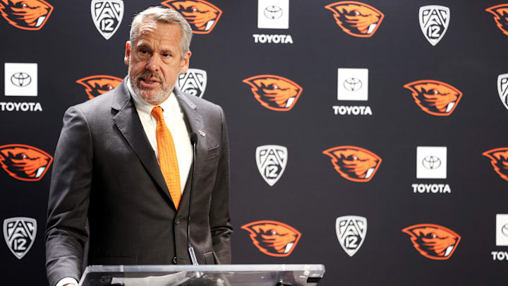 Vice president and director of athletics Scott Barnes introduces Trent Bray as the new head coach for Oregon State Beavers football on Wednesday, Nov. 29, 2023 at Oregon State University in Corvallis, Ore.