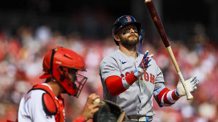 Mar 29, 2026; Cincinnati, Ohio, USA; Boston Red Sox shortstop Trevor Story (10) reacts after striking out in the eighth inning against the Cincinnati Reds at Great American Ball Park. Mandatory Credit: Katie Stratman-Imagn Images
