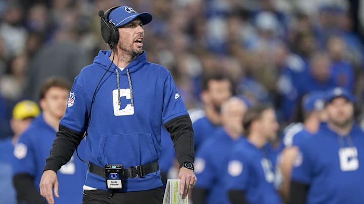 Nov 24, 2024; Indianapolis, Indiana, USA; Indianapolis Colts head coach Shane Steichen yells from the sideline  during a game against the Detroit Lions at Lucas Oil Stadium. Mandatory Credit: Grace Hollars/USA TODAY Network via Imagn Images