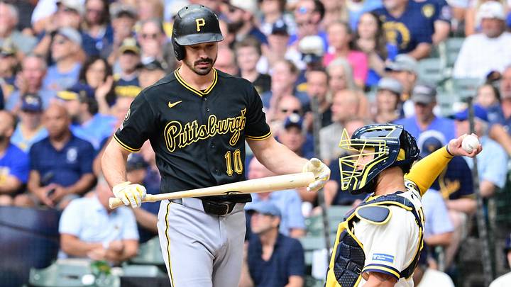 Aug 6, 2026; Milwaukee, Wisconsin, USA; Pittsburgh Pirates left fielder Bryan Reynolds (10) reacts after striking out in the first inning against the Milwaukee Brewers at American Family Field. Mandatory Credit: Benny Sieu-Imagn Images