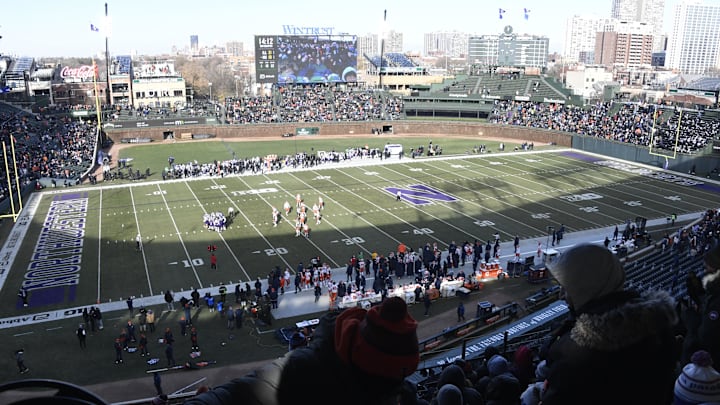 Nov 30, 2024; Chicago, Illinois, USA; An overall view of Wrigley Field is seen during the second half of a game between the Northwestern Wildcats and Illinois Fighting Illini. Mandatory Credit: Matt Marton-Imagn Images