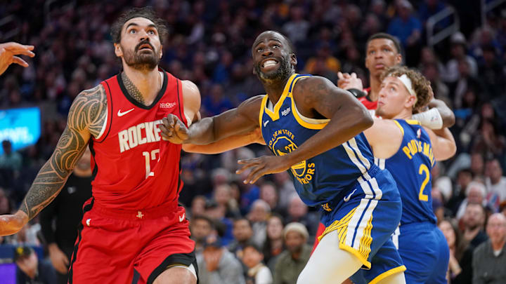 Apr 6, 2025; San Francisco, California, USA; Golden State Warriors forward Draymond Green (23) battles for position with Houston Rockets center Steven Adams (12) in the fourth quarter at the Chase Center. Mandatory Credit: Cary Edmondson-Imagn Images Apr 6, 2025; San Francisco, California, USA; Golden State Warriors forward Draymond Green (23) battles for position with Houston Rockets center Steven Adams (12) in the fourth quarter at the Chase Center. Mandatory Credit: Cary Edmondson-Imagn Images
