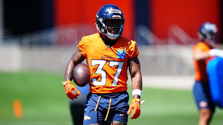 May 10, 2025; Englewood, CO, USA; Denver Broncos running back RJ Harvey (37) during rookie minicamp at Broncos Park Powered by CommonSpirit. Mandatory Credit: Ron Chenoy-Imagn Images