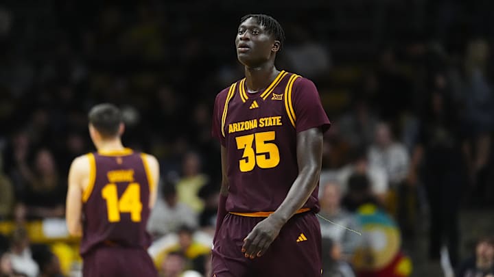 Feb 7, 2026; Boulder, Colorado, USA; Arizona State Sun Devils center Massamba Diop (35) during the first half against the Colorado Buffaloes at the CU Events Center. Mandatory Credit: Ron Chenoy-Imagn Images