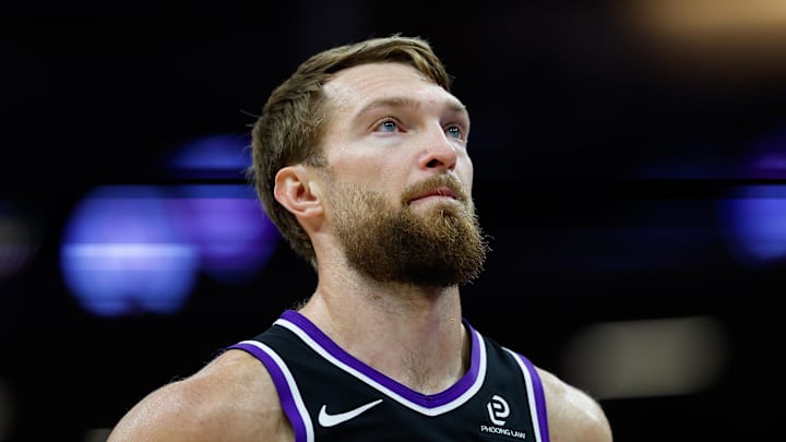 Nov 11, 2025; Sacramento, California, USA; Sacramento Kings center Domantas Sabonis (11) looks on during the fourth quarter against the Denver Nuggets at Golden 1 Center. 