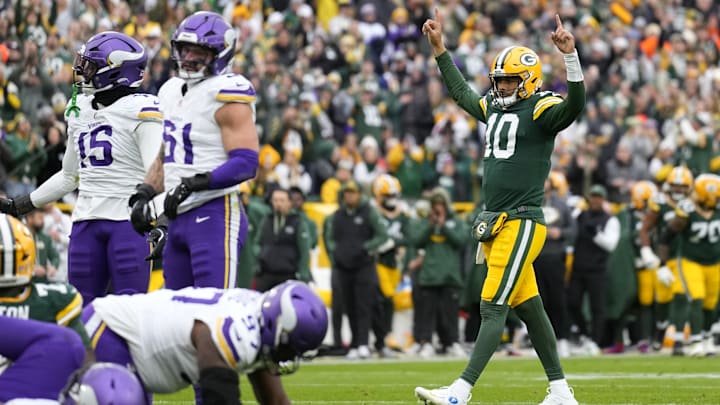 Nov 23, 2025; Green Bay, Wisconsin, USA; Green Bay Packers quarterback Jordan Love (10) reacts after a touchdown run against the Minnesota Vikings during the second half at Lambeau Field. Nov 23, 2025; Green Bay, Wisconsin, USA; Green Bay Packers quarterback Jordan Love (10) reacts after a touchdown run against the Minnesota Vikings during the second half at Lambeau Field.
