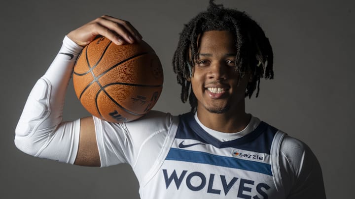 Sep 29, 2025; Minneapolis, MN, USA; Minnesota Timberwolves guard Terrence Shannon Jr. (1) poses for a photograph as part of media day at Target Center. Mandatory Credit: Bruce Kluckhohn-Imagn Images