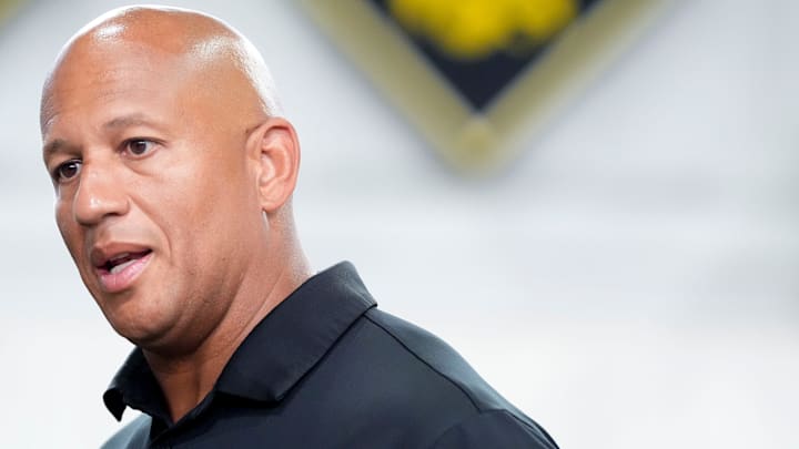 Iowa special teams coodinator LeVar Woods speaks to a reporter during the team’s media day Aug. 8, 2025 in Iowa City, Iowa.