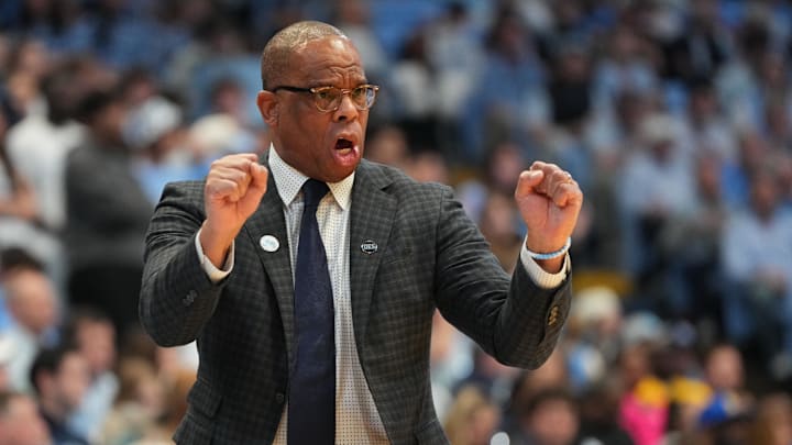Feb 14, 2026; Chapel Hill, North Carolina, USA; North Carolina Tar Heels head coach Hubert Davis reacts in the first half at Dean E. Smith Center. Mandatory Credit: Bob Donnan-Imagn Images