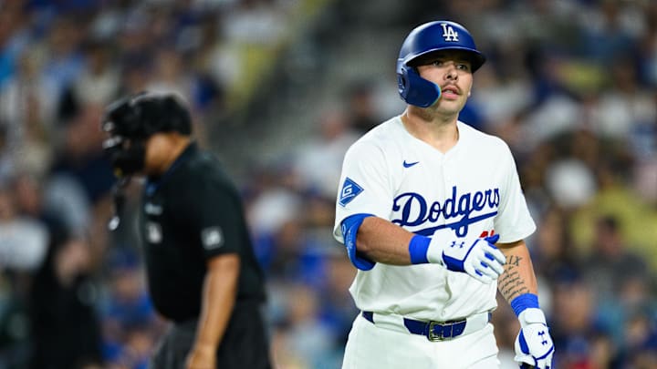 Aug 5, 2025; Los Angeles, California, USA; Los Angeles Dodgers catcher Dalton Rushing (68) reacts after striking out during the fourth inning against the St. Louis Cardinals at Dodger Stadium. Mandatory Credit: William Liang-Imagn Images