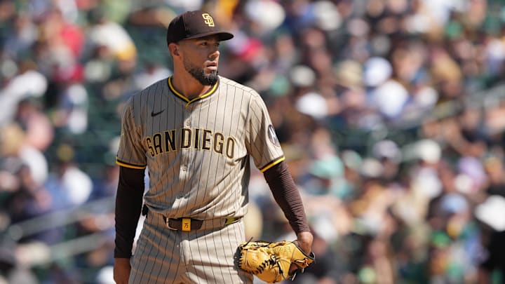 Apr 9, 2025; West Sacramento, California, USA; San Diego Padres pitcher Robert Suarez (75) during the ninth inning against the Athletics at Sutter Health Park. Mandatory Credit: Darren Yamashita-Imagn Images