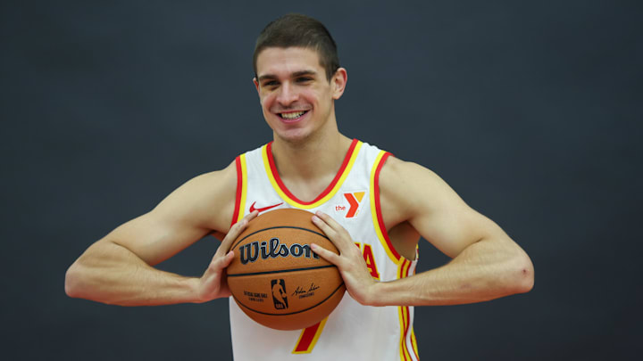 Jun 28, 2024; Atlanta, Georgia, USA; Atlanta Hawks second round draft pick Nikola Djurisic (7) poses for a photo at the Emory Sports Medicine Complex. Mandatory Credit: Brett Davis-Imagn Images
