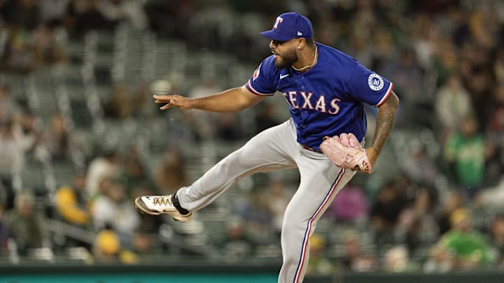 Apr 13, 2026; West Sacramento, California, USA; Texas Rangers pitcher Luis Curvelo delivers a pitch against the Athletics during the eighth inning at Sutter Health Park. Mandatory Credit: D. Ross Cameron-Imagn Images